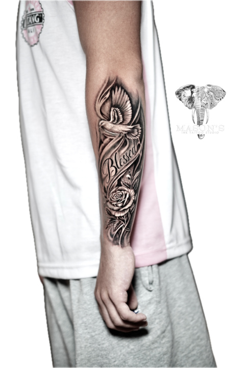 Black and Grey Realism Rose Bird Script Tattoo Design