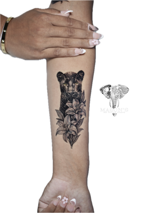 Blackwork Panther and Flower Tattoo Design