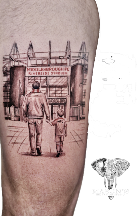 Father and Son Stadium Realism Portrait Tattoo