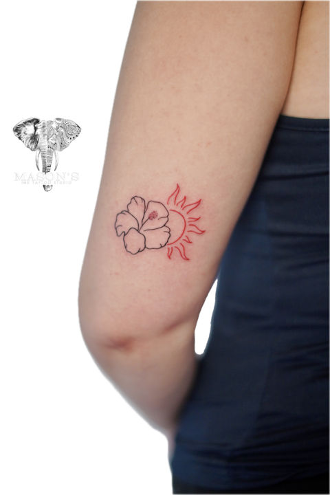 Fine Line Floral Outline Color Tattoo Design