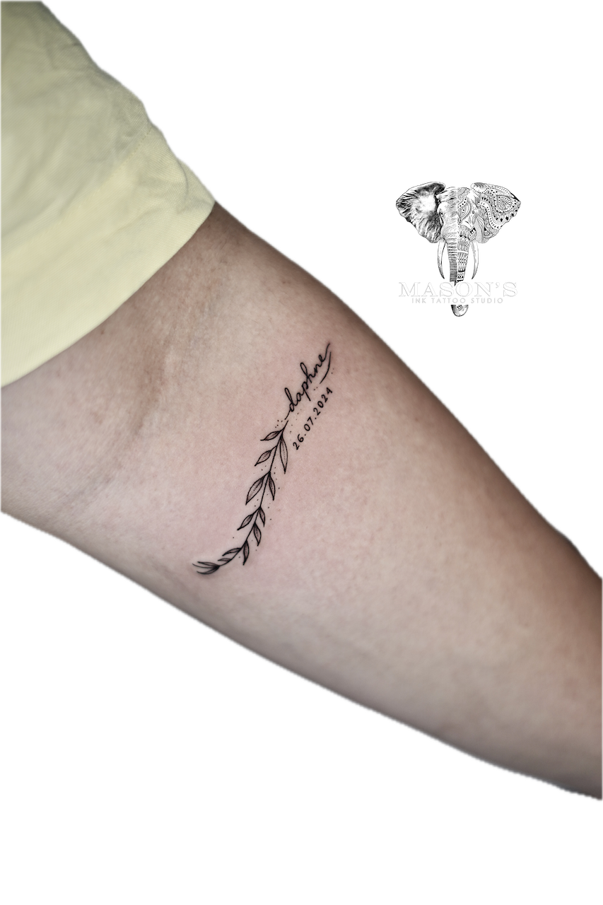 Fine Line Leaf Script Tattoo Design