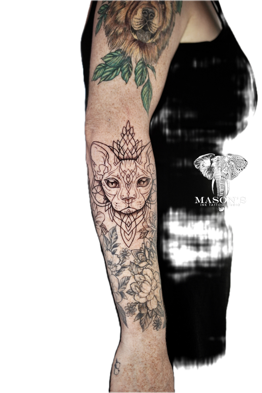 Fine Line Sphynx Cat Tattoo Design