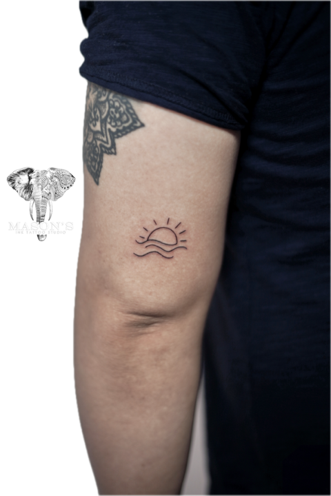 Fine Line Sun and Wave Tattoo Design