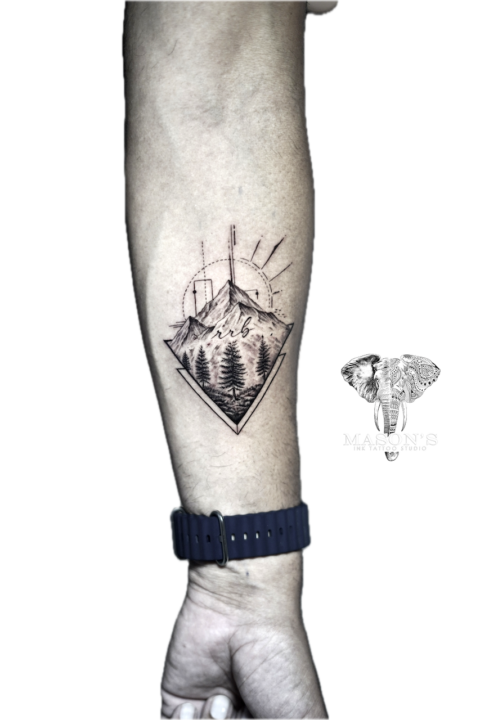 Geometric Realism Forest Tattoo Design