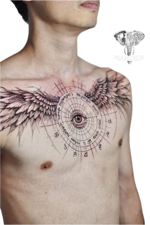 Geometry Om Script Eye and Wings Tattoo Design