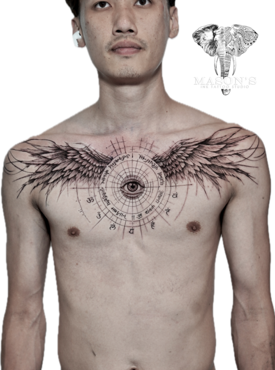 Geometry Om Script Eye and Wings Tattoo Design