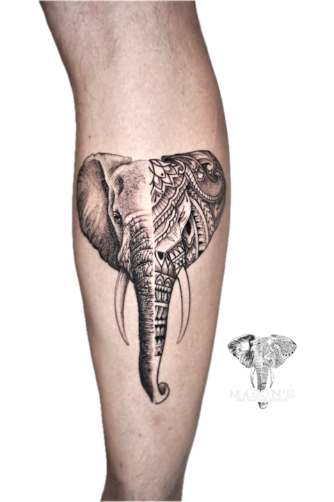 Half Realism Ornamental Elephant Tattoo Design