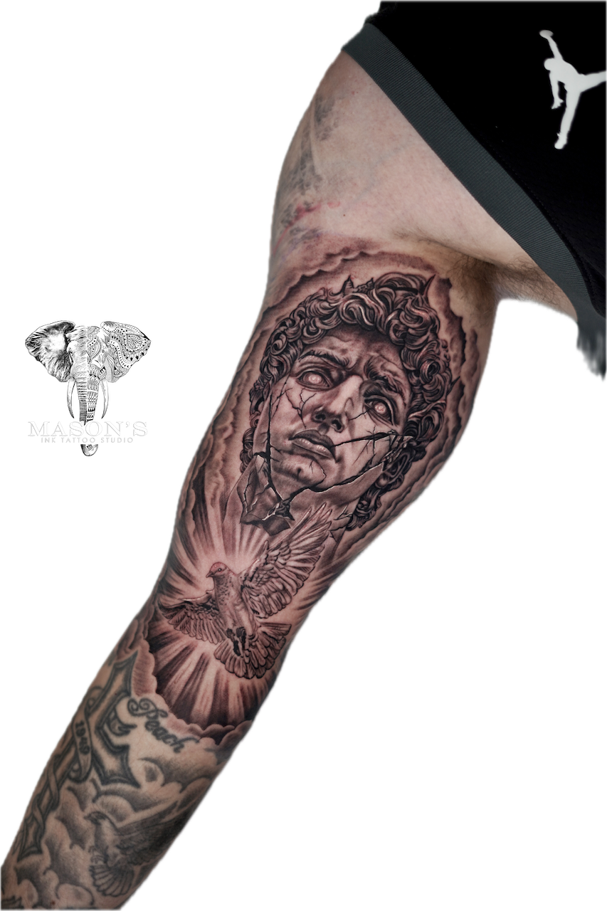 Realism Angel Statue and Bird Tattoo Design