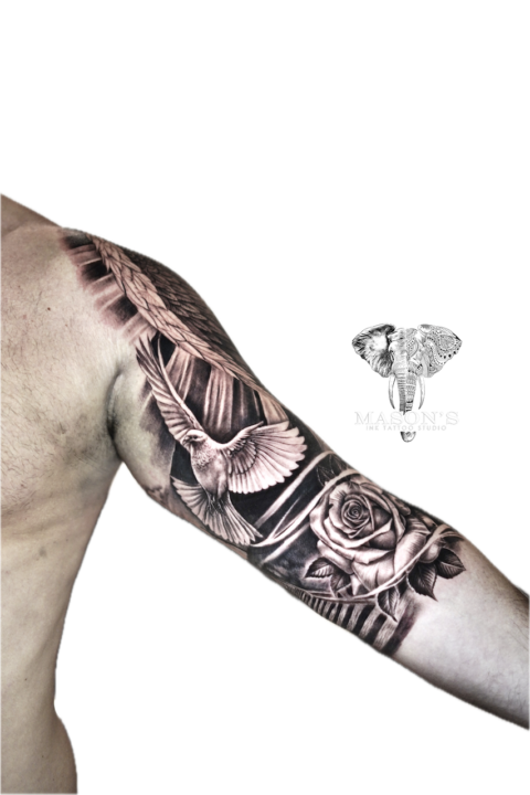 Realism Bird and Rose Tattoo Design