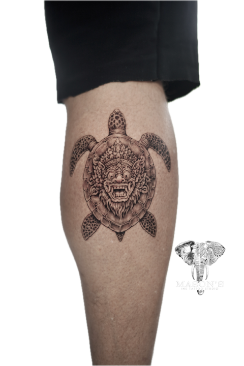 Barong and Turtle Black and Grey Tattoo Design
