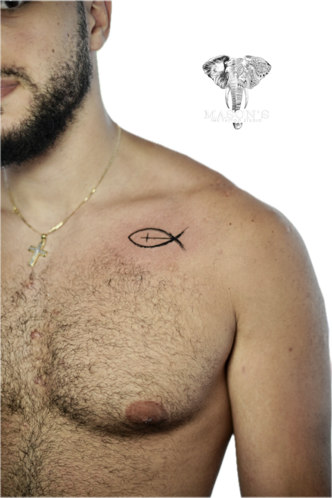 Blackwork Fish and Cross Tattoo Design