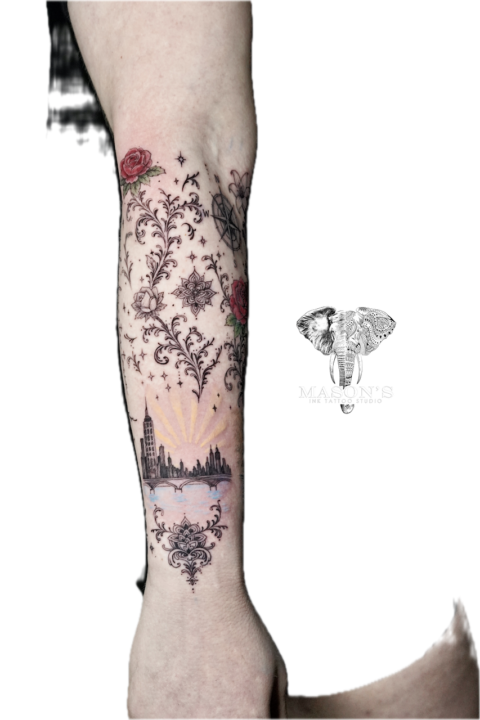 Color Ornament Black and Grey City View Tattoo Design