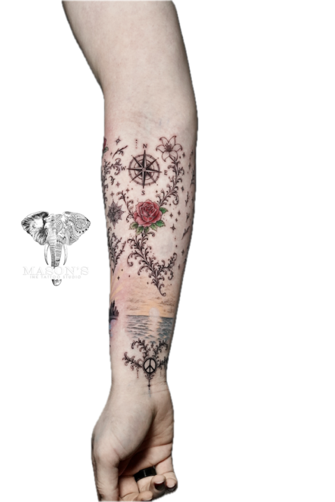 Color Ornament Black and Grey Sea View Tattoo Design