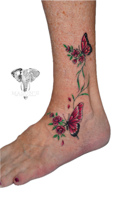 Color Realism Butterfly & Rose Tattoo