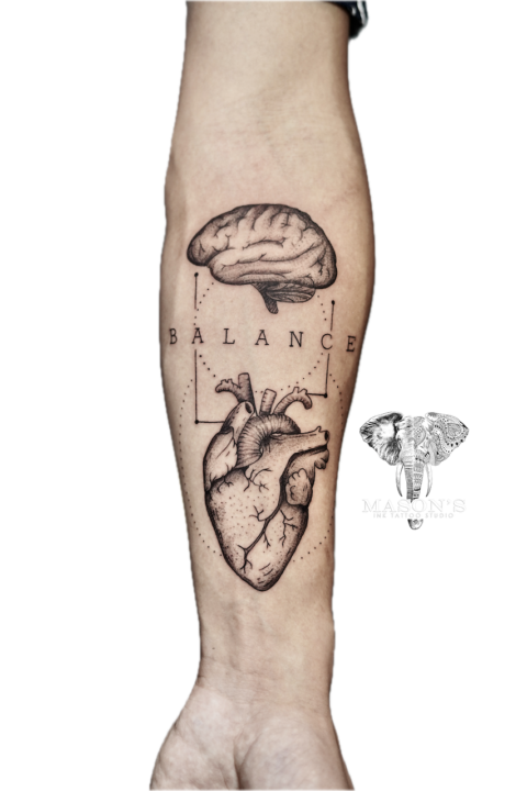 Conceptual Brain and Heart Fine Line Realism Tattoo
