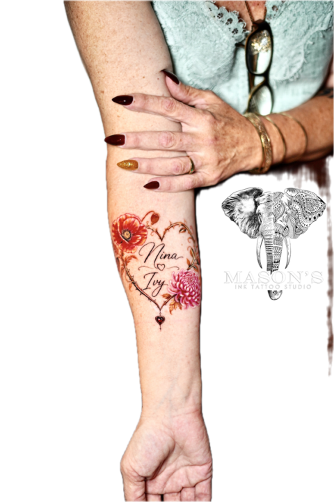 Custom Floral and Script Color Tattoo Design