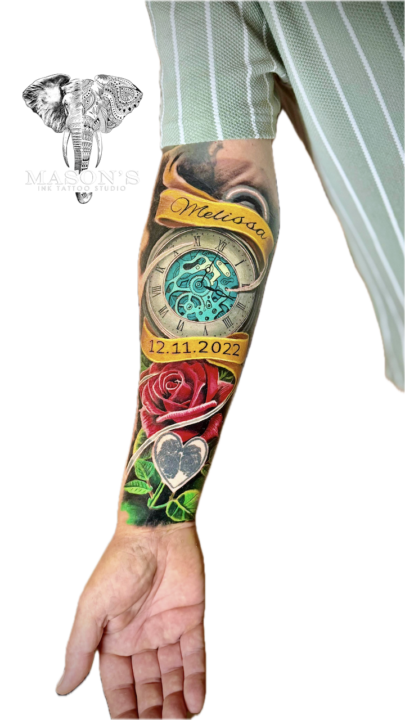 Realism Engine and Rose Flower Tattoo with Script