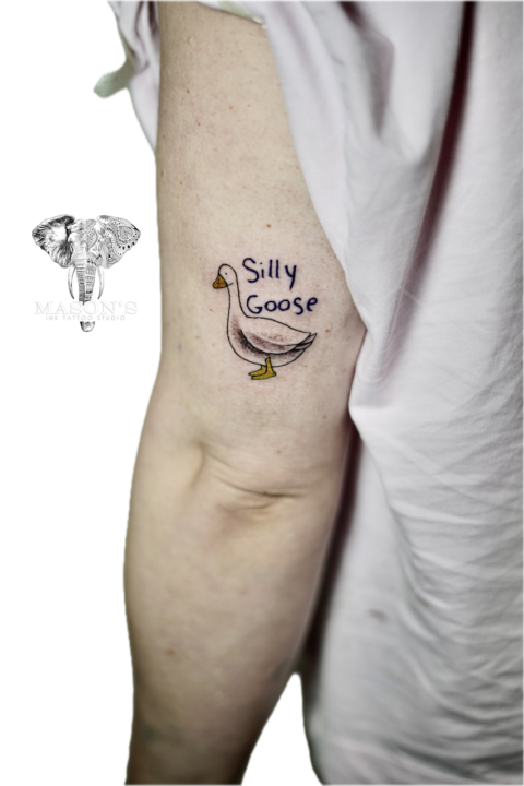 Fine Line Duck and Script Tattoo Design