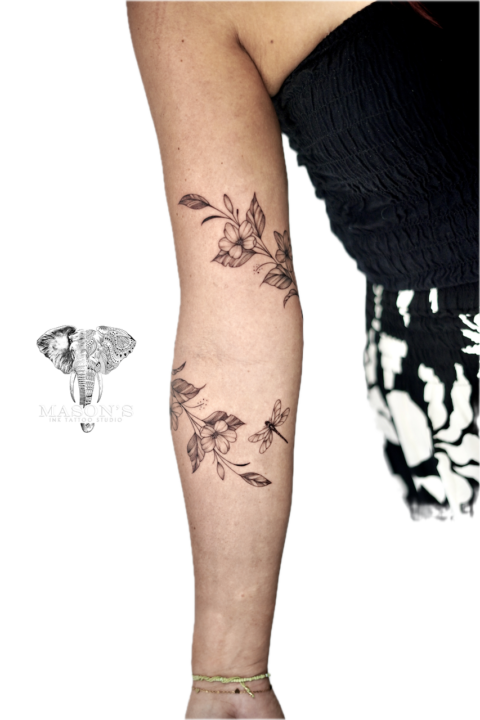 Fine Line Round Floral Flower Tattoo Design