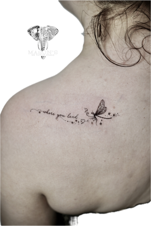 Fine Line Script and Dragonfly Tattoo
