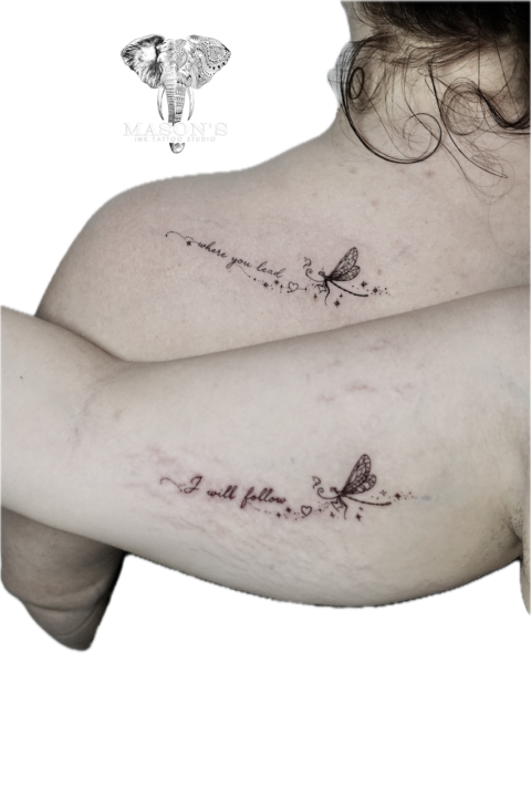 Fine Line Script and Dragonfly Tattoo Design