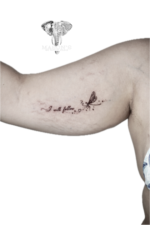 Fine Line Script and Dragonfly Tattoo Design