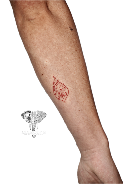 Fine Line Script and Fire Tattoo Design
