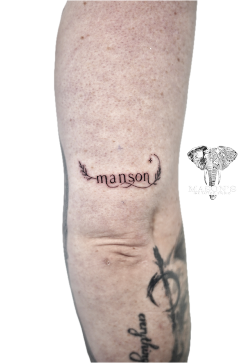 Fine Line Script and Leaf Tattoo Design