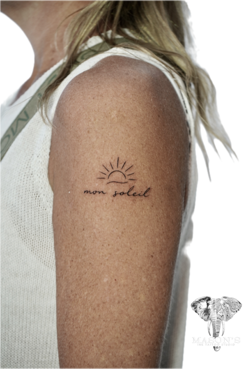 Fine Line Sun and Script Tattoo Design