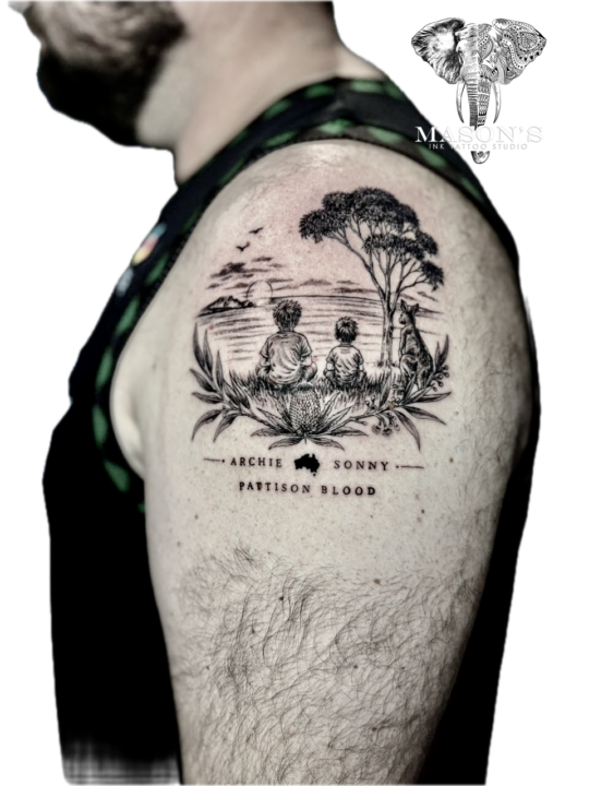 Realism Black and Grey View Tattoo with Script