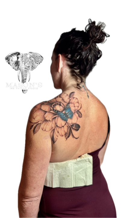 Realism Flower and Butterfly Back Tattoo Design
