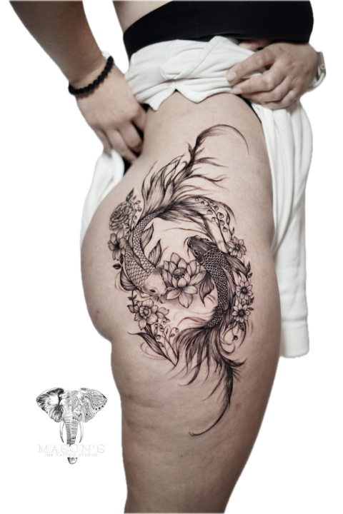 Realism Koi Fish and Flower Tattoo Design