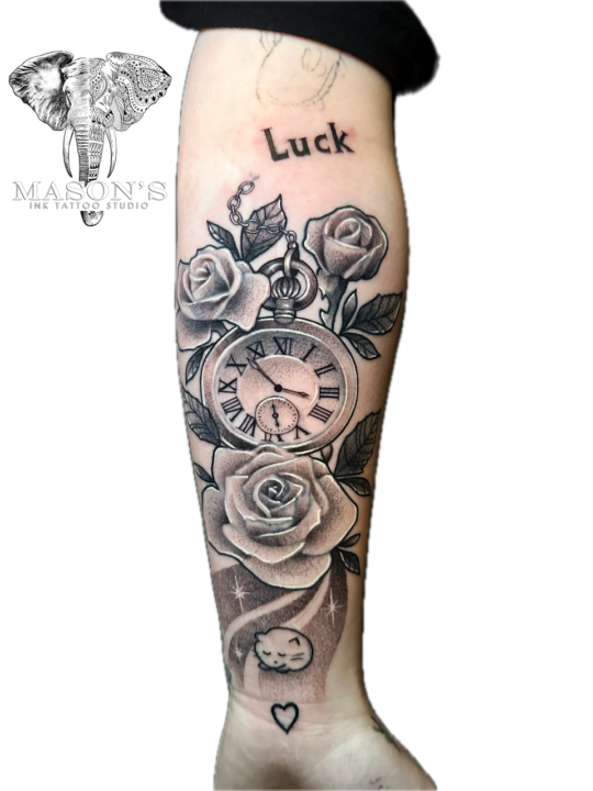 Black & Grey Floral Compass Tattoo