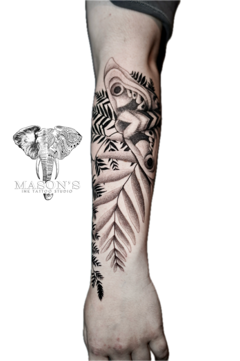 Black and Grey Butterfly and Leaves Tattoo Design
