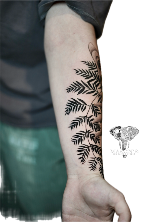 Black and Grey Butterfly with Leaves Tattoo Design