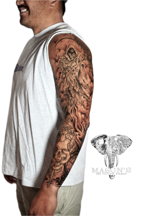 Black and Grey Cloud Background Tattoo Design