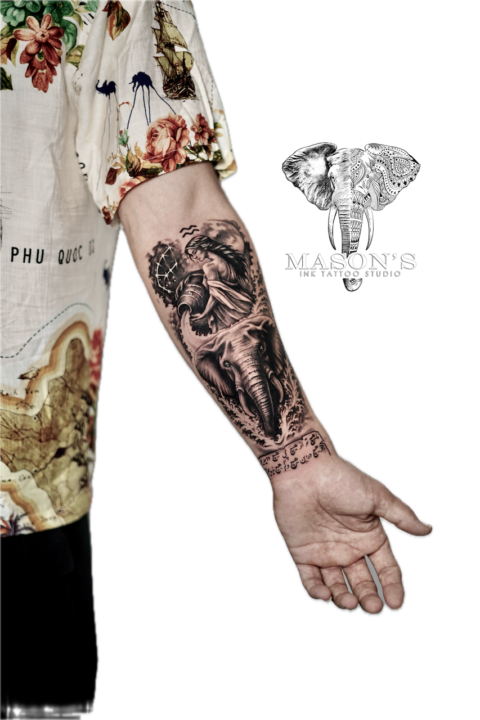Black and Grey Elephant Tattoo Design