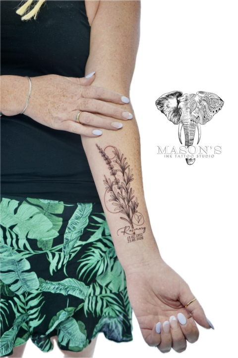 Black and Grey Floral Script Tattoo Design