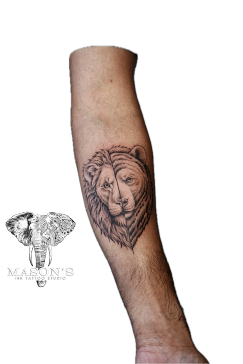 Black and Grey Half Lion Half Tiger Tattoo Design