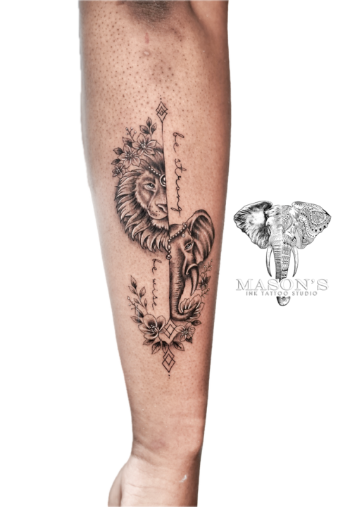 Black and Grey Lion and Elephant Tattoo Design