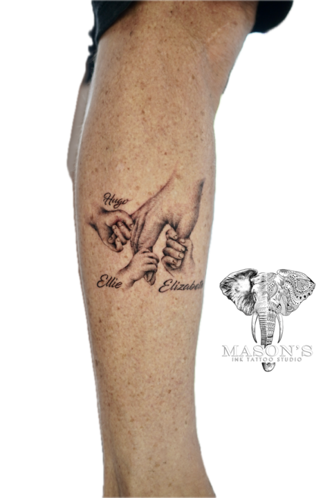 Black and Grey Mom Hand and Child Tattoo Design