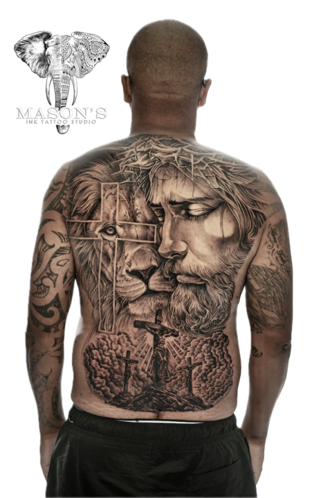 Black and Grey Realism Jesus and Tiger Tattoo Design