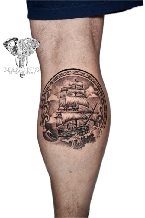 Black and Grey Realism Ship Tattoo Design