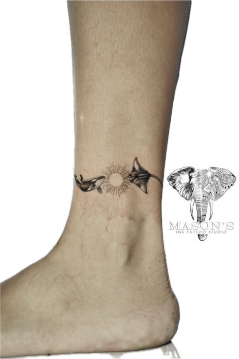 Black and Grey Whale and Manta Tattoo Design