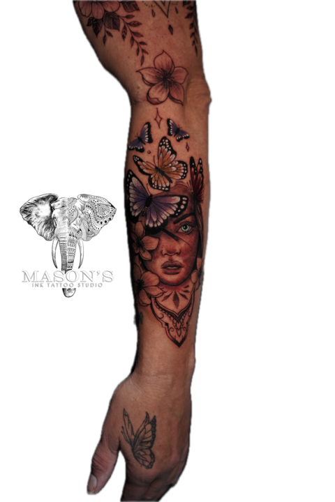 Black and Grey Woman Floral Butterfly Tattoo Design