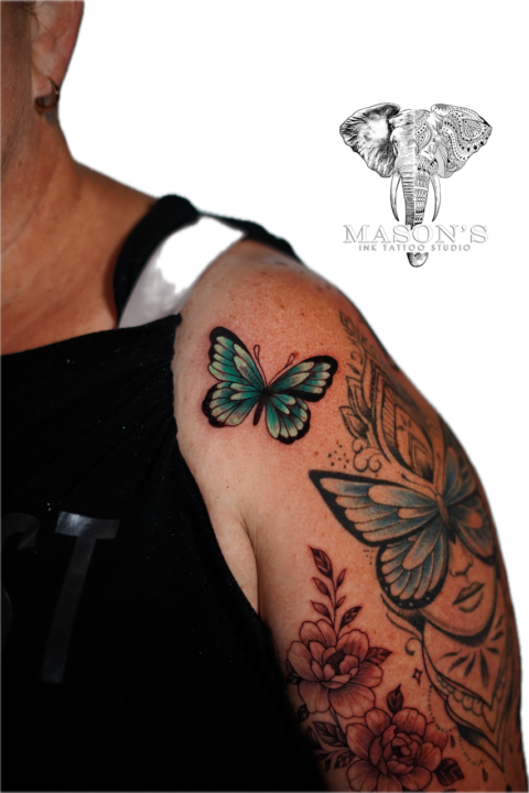 Black and Grey Woman Floral Butterfly Tattoo Design