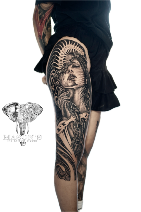 Black and Grey Woman Portrait Tattoo Design
