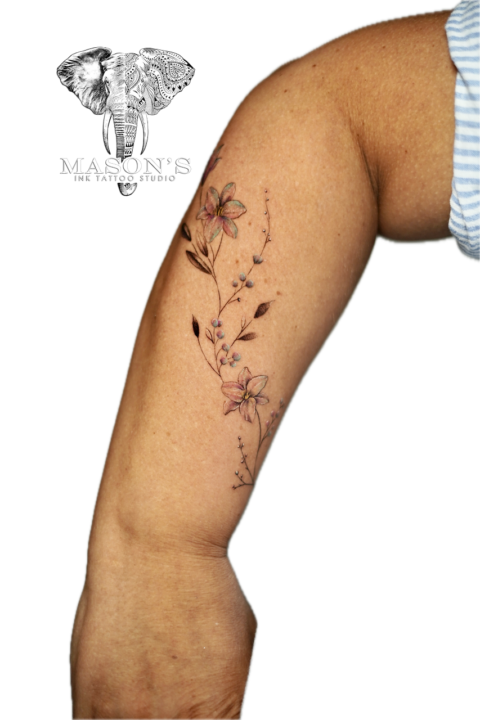 Color Fine Line Floral Tattoo Design