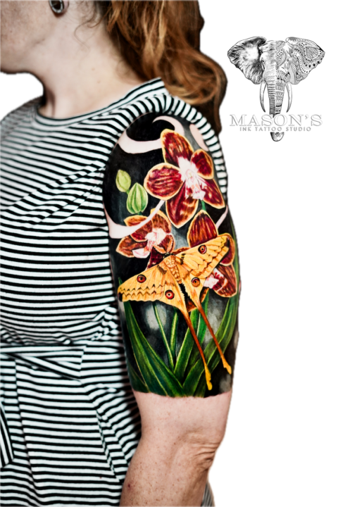 Color Realism Floral Butterfly Tattoo Design