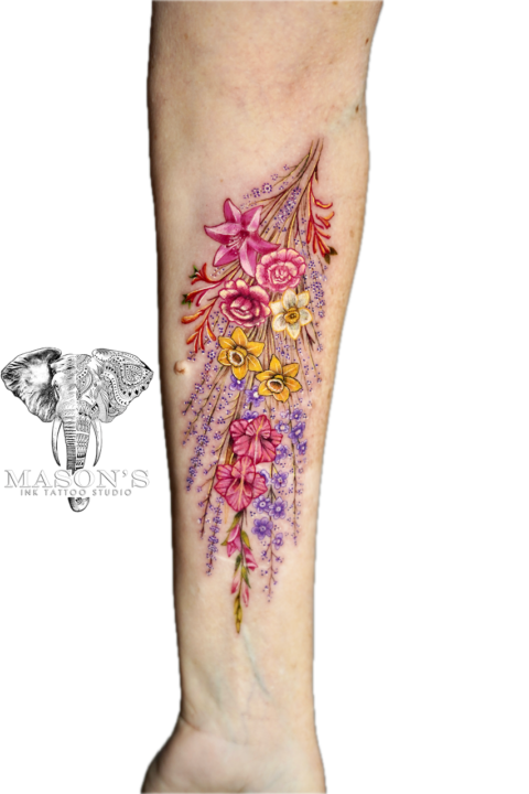 Color Realism Flower Bucket Tattoo Design